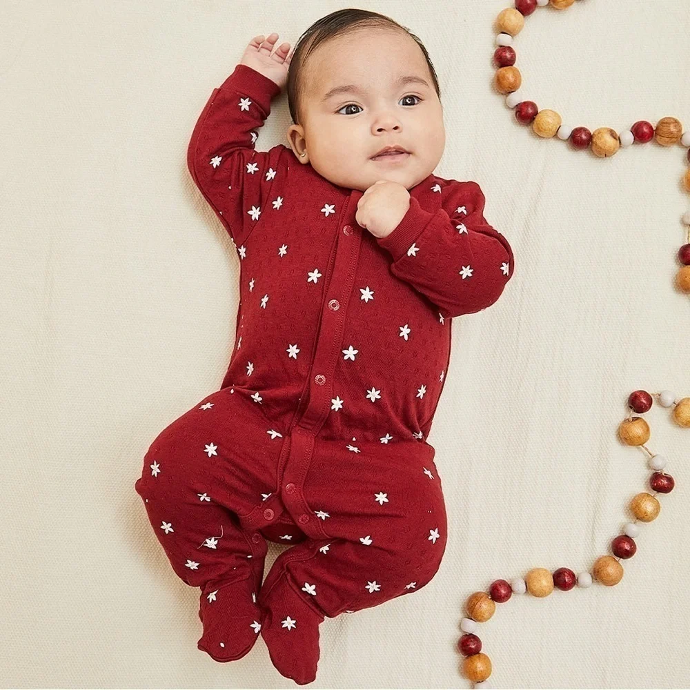 NWT Firsts by Petit Lem Newborn Baby Poinsettia Print Burgundy Pointelle Sleeper
